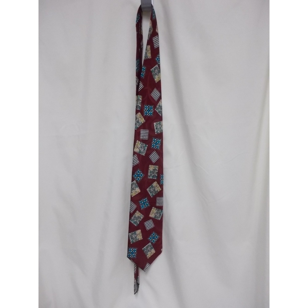 Botany 500 Mens Burgundy Geometric Square Print Necktie Vintage Style